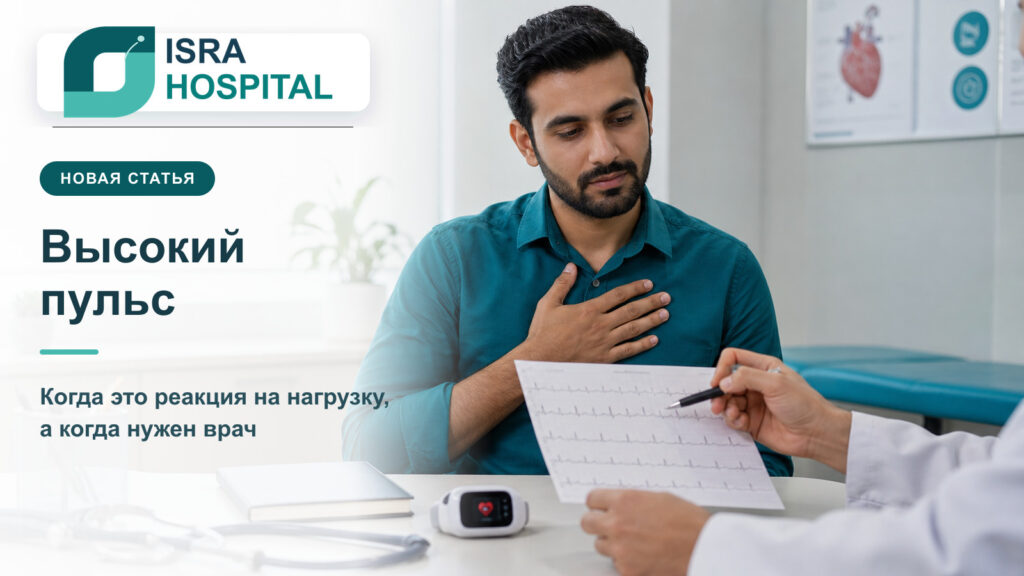 Пациент обсуждает ЭКГ с врачом; статья IsraHospital о высоком пульсе